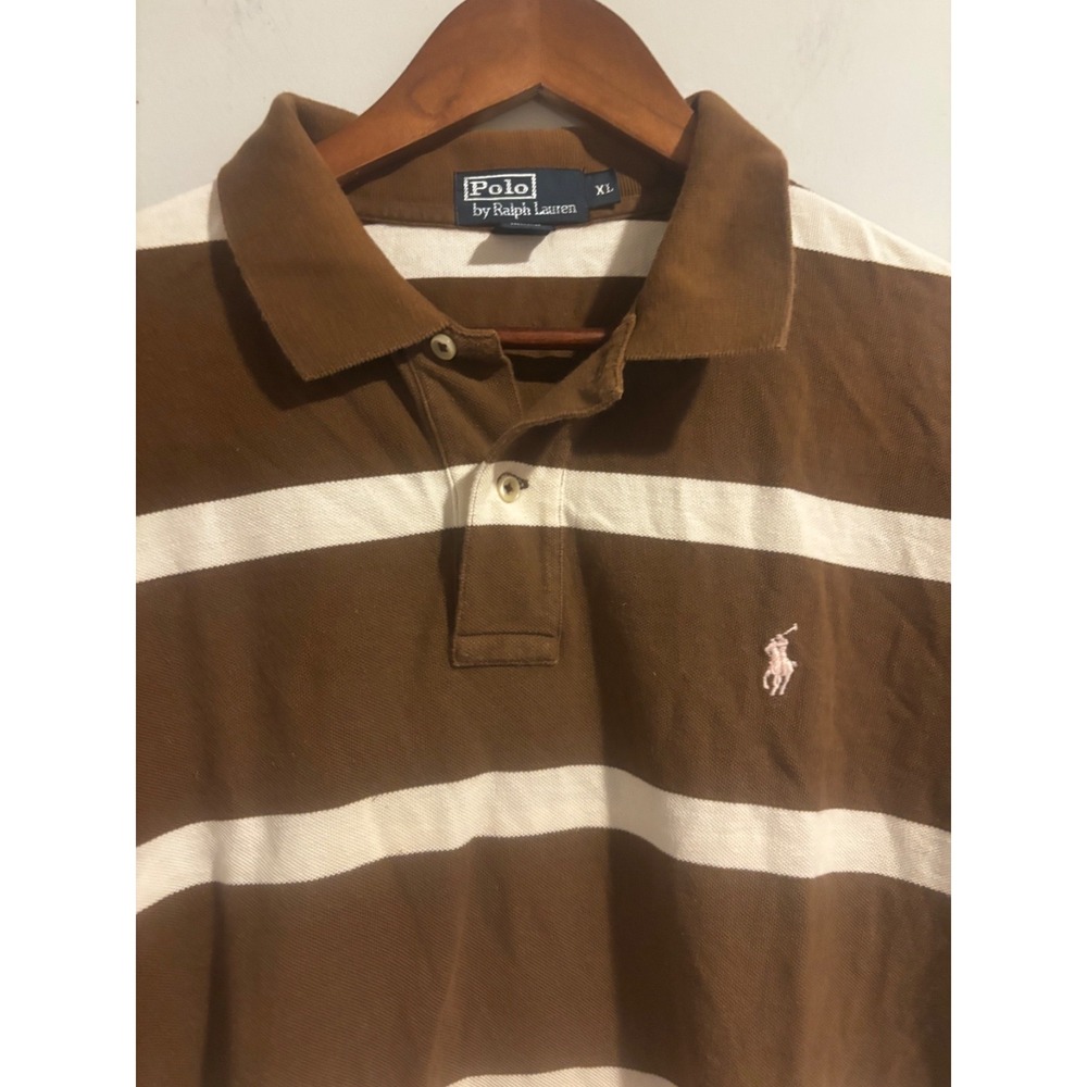 Vintage Ralph Lauren‎ Polo Shirt Men's XL Short Sleeve Brown Cream Striped